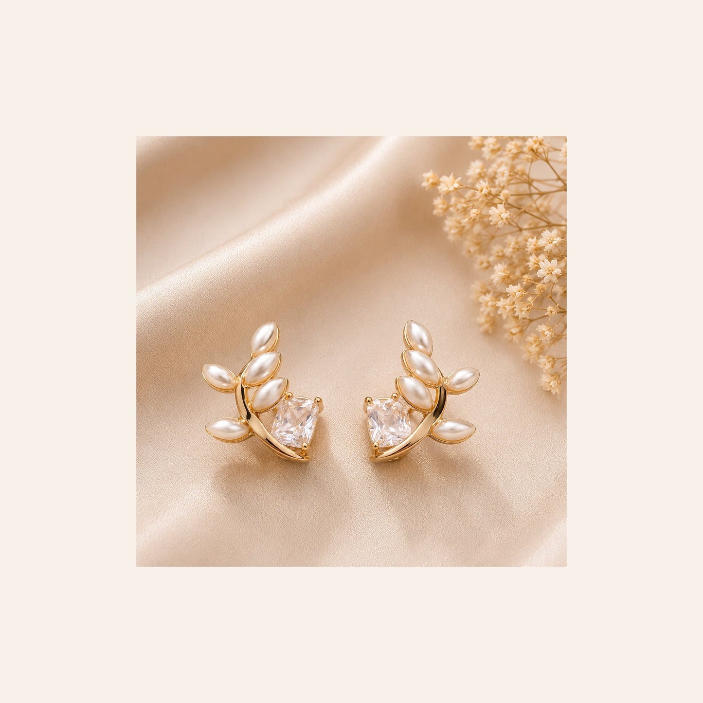 Pearl Leaf Crystal Stud Earrings